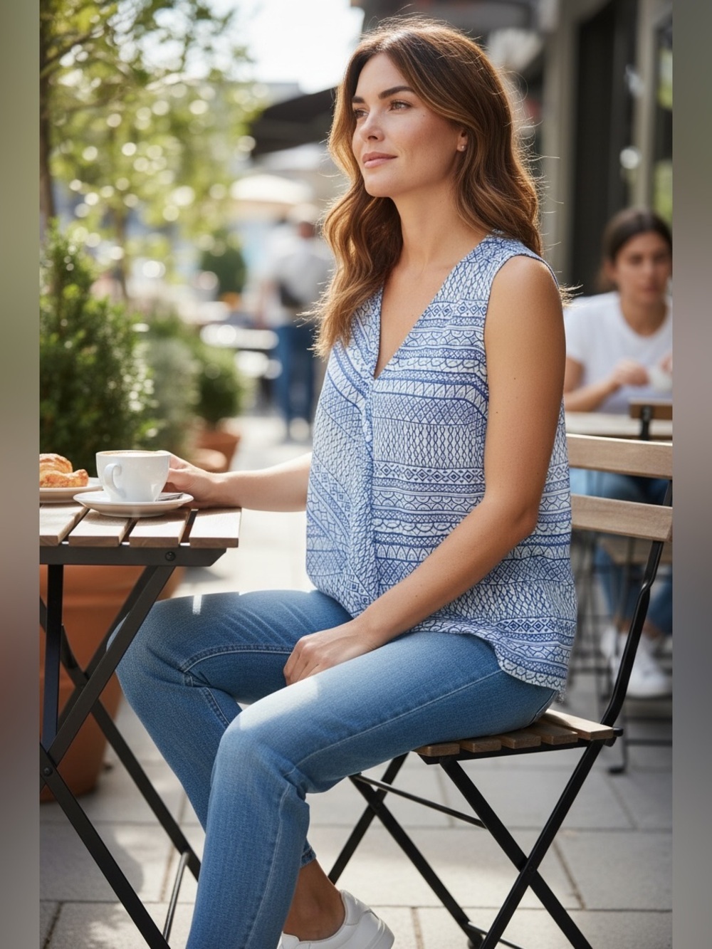 Inspired Blue & White Sleeveless Patterned Top